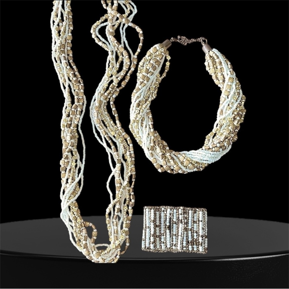 Stunning White & Gold Beaded Multi-Strand Twist Necklace & Bracelet Set Unique - Picture 1 of 16